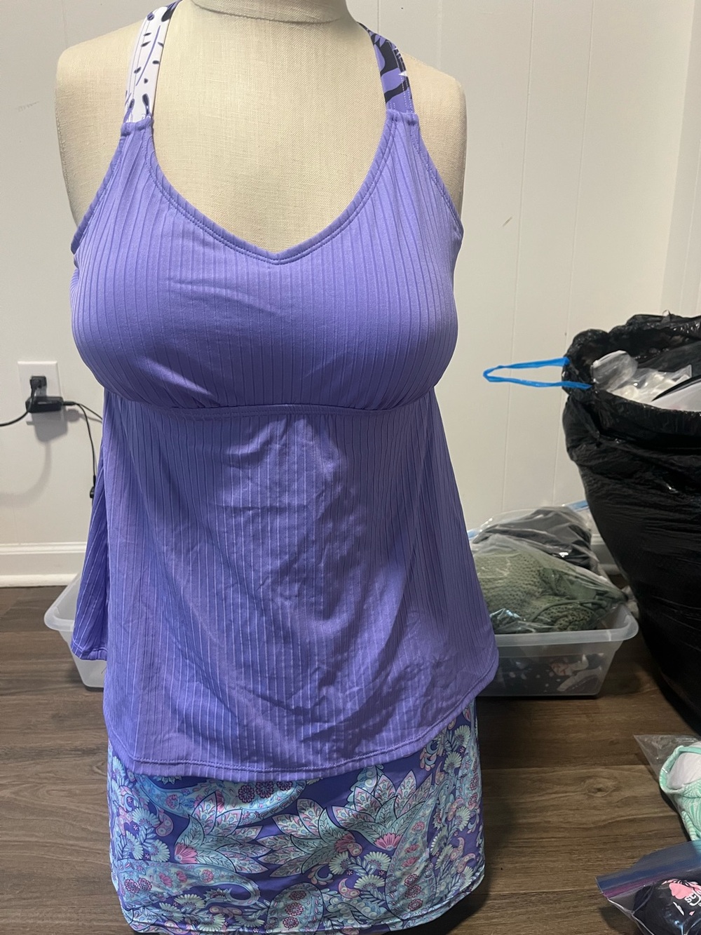 Purple Ribbed Tank Top with Printed Straps